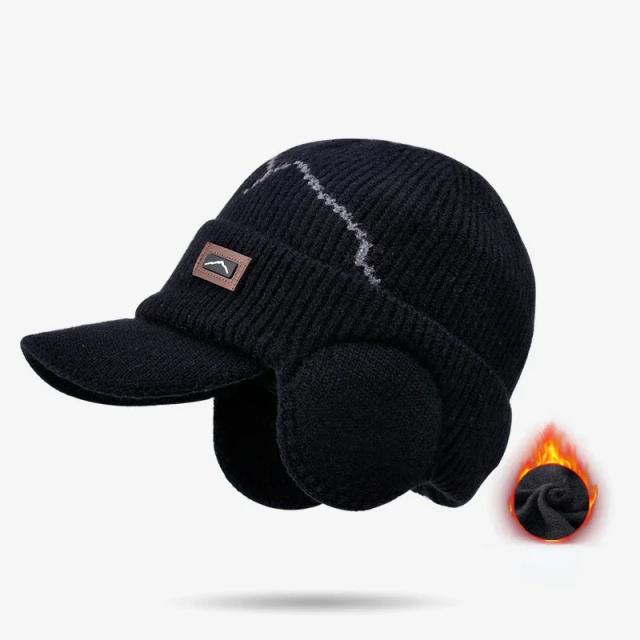 Gorros masculinos com viseira para o calor, protetores de orelha de malha de inverno, forrado de lã grossa, boné de beisebol de esqui, inverno, equitação ao ar livre