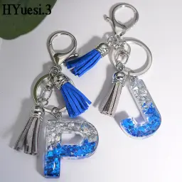 Glitter Resina Inicial Letra Chaveiros, Nome Pingente Em Forma com Chaveiros, Borla para Bolsa, Ornamento Favores Do Partido, Azul e Branco - Image 1