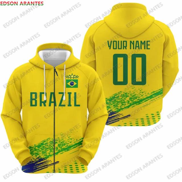 Moletom Personalizado com Capuz da Bandeira do Brasil - Camisola de Treino Unissex para Fãs de Futebol, Disponível até o Tamanho 7XL