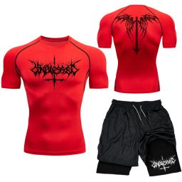 Terno Rashguard respirável masculino, Conjunto de Compressão Impresso Top de Ginásio de Manga Curta Shorts de Treino Secagem Rápida Atletismo Atlético Y2K - Image 5