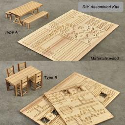 Conjunto de mesa e cadeiras em miniatura, layout arquitetônico, Kits montados em madeira para diorama, modelismo DIY, escala 1:35 - Image 1
