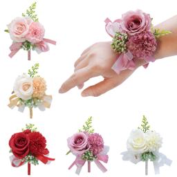 Corsage de pulso masculino para casamento, pulseira de dama de honra, seda flor, rosa vermelha, alfinetes do noivo, boutonniere - Image 1