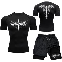 Terno Rashguard respirável masculino, Conjunto de Compressão Impresso Top de Ginásio de Manga Curta Shorts de Treino Secagem Rápida Atletismo Atlético Y2K - Image 1