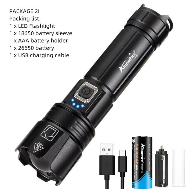 Lanterna LED Recarregável USB XHP70 com Zoom, Potente para Acampamentos, Caça e Atividades ao Ar Livre, Bateria 26650, 30W