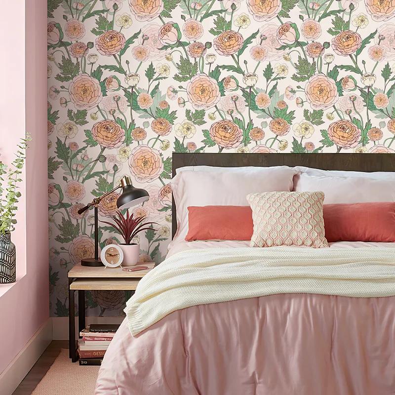 Auto-adesivos florais adesivos de parede, elegante floral Wallpaper, decoração do quarto interior, rosa peônia rosa, impressão aquarela, 17,7 "* 118" - Image 1