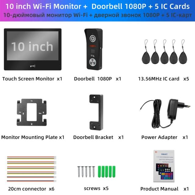 Interfone Eletrônico Wi-Fi com Câmera 1080P e Tela Touch de 10" - Tuya Casa Inteligente e Gravação de Vídeo