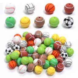 Silicone Sports Ball Beads para DIY Pulseira e Decoração Chaveiro, Bola de Cor Solta, Rugby Futebol e Tênis, Acessórios de Decoração, 15mm, 5Pcs por lote - Image 1