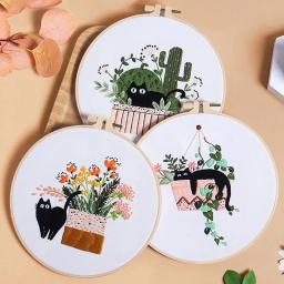 DIY bordado bordado ferramentas para iniciantes, casa costura, artesanato kit, conjunto, flores, plantas, gato padrão, artesanal, novo - Image 1