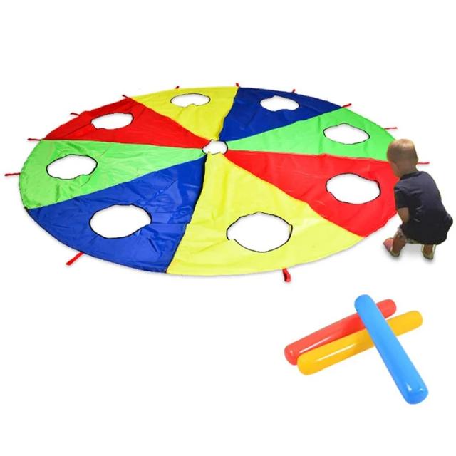 Brinquedo de Atividade Outdoor com Paraquedas Arco-Íris e Mouse para Jogos, 2m de Diâmetro com 3 Bastões de Ar Com 6 Pés de Diversão