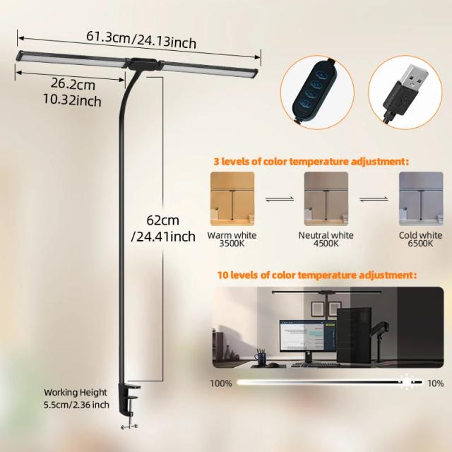 Luminária de Mesa LED Dimmable com Duas Cabeças para Leitura e Trabalho, Ideal para Escritório e Computador, Portátil com Conexão USB