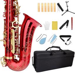 Saxofone Eb Alto vermelho para iniciantes e adultos, latão E Flat, saxofone tipo chave, instrumento de sopro com estojo, alça, peças de luva - Image 1