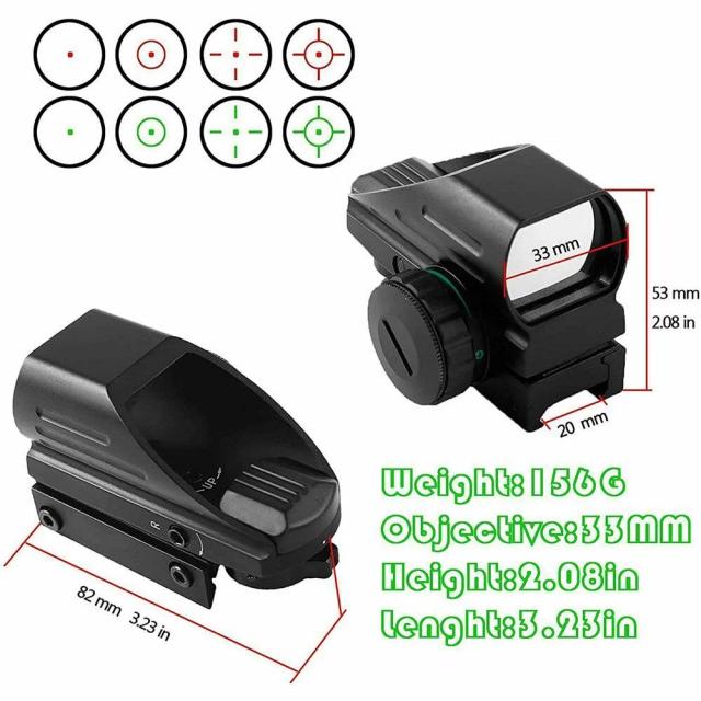 Holographic Green Red Dot Sight com 4 Retículas para Airsoft e Caça - Compatível com Montagem Rail de 20mm