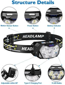 9 led forte luz farol usb recarregável sensor de movimento farol portátil pesca acampamento ao ar livre lâmpada cabeça 1200mah - Image 4