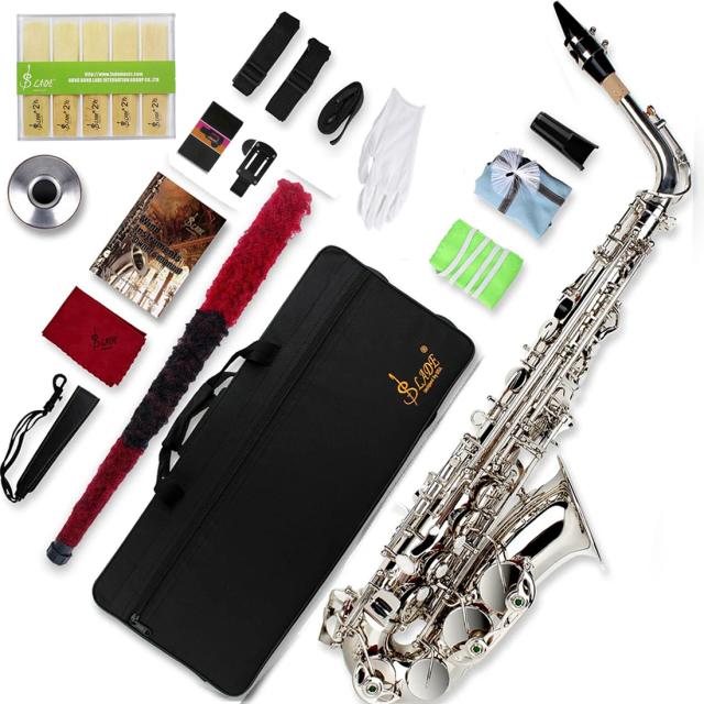 SLADE Saxofone Alto Eb Prateado com Estojo de Transporte, Palhetas, Luvas e Pano de Limpeza