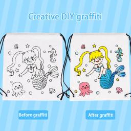 Bolsa de cordão não tecida para crianças, mochila graffiti, brinquedos de pintura para colorir DIY para crianças, sereia animal fofa, desenho artesanato - Image 5