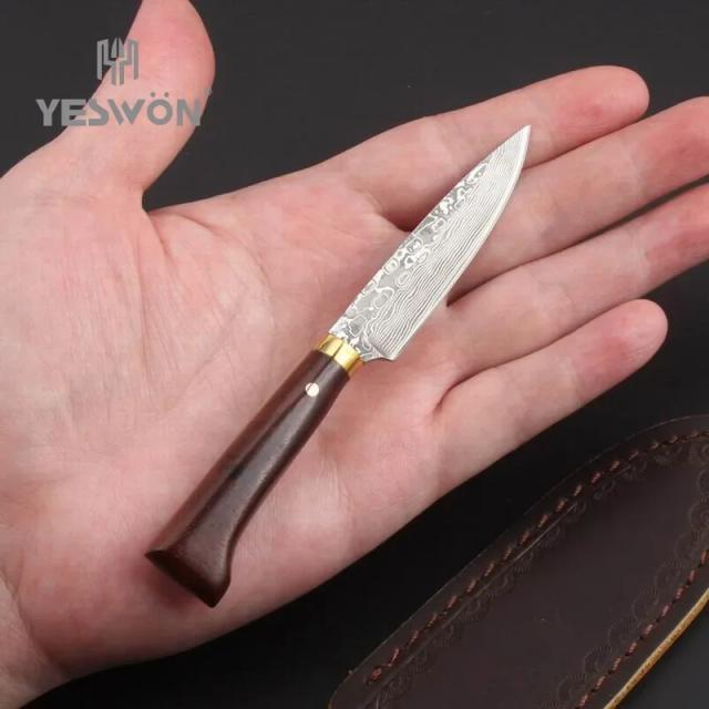 Mini Faca de Caça Damascus para Camping - Ferramenta EDC Fixa de Alta Qualidade, Ideal para Aventuras ao Ar Livre e Presente Perfeito
