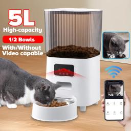 Alimentador automático para gatos com ou sem câmera Smart Auto Pet Bowl, App Controle Remoto, Dispenser de Alimentos, Grande Cão 5L, 1 Tigela, 2 Tigelas - Image 1