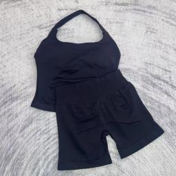 Feminino alto estiramento halter topo sutiã esportivo shorts conjunto ginásio treino yoga fitness confortável ativo wear impacto roupa de fitness - Image 3