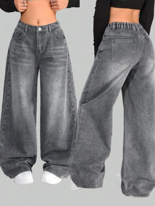 Jeans Americano Nova Moda Cor Sólida Lavado Baggy Y2K Streetwear Vintage Homens e Mulheres