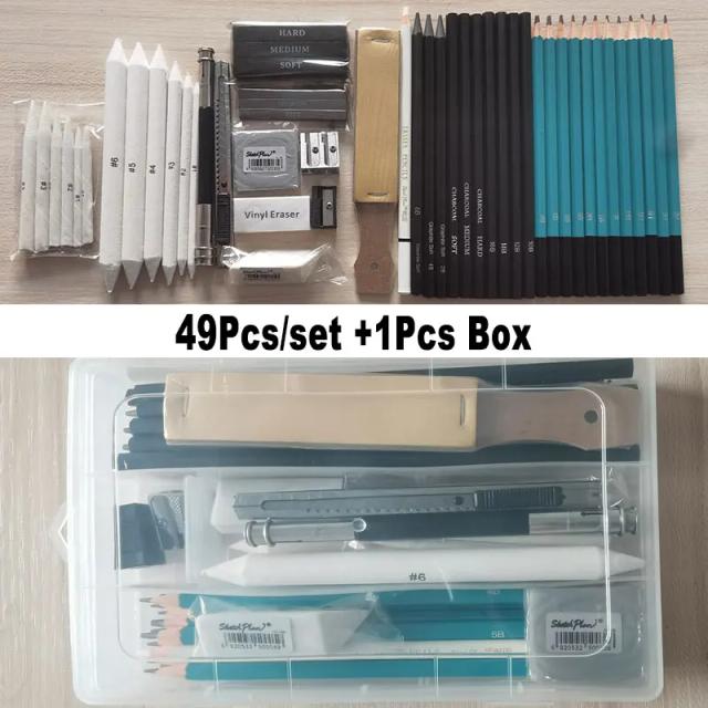 Kit Completo de Arte com 33 Peças para Artistas - Desenho com Lápis de Carvão, Grafite e Ferramentas Essenciais em Caixa 5h-8b