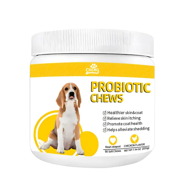 Suplemento probiótico mastigável para cães que promove pele saudável e pelagem brilhante, aliviando coceira e queda de pelos
