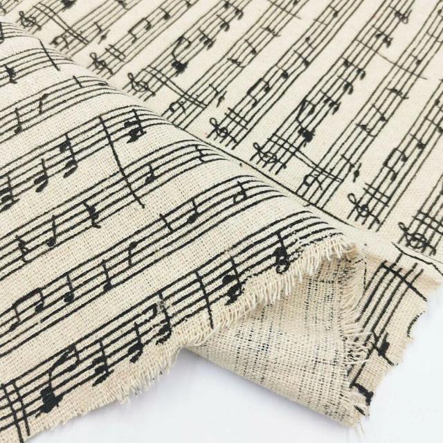 Tecido de Algodão e Linho Preto com Estampa de Nota Musical para Artesanato e Confeccionamento de Roupas e Almofadas