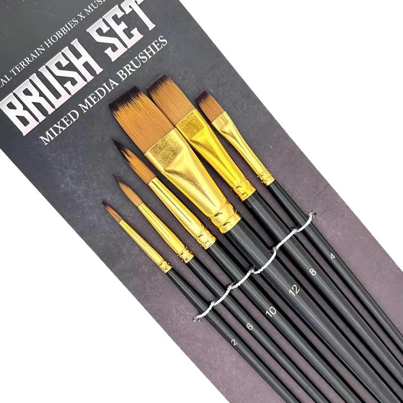5/6 pçs pincéis de pintura do artista conjunto profissional redondo ângulo plano filbert cabelo de náilon punho preto madeira pintura escova para aquarela - Image 1