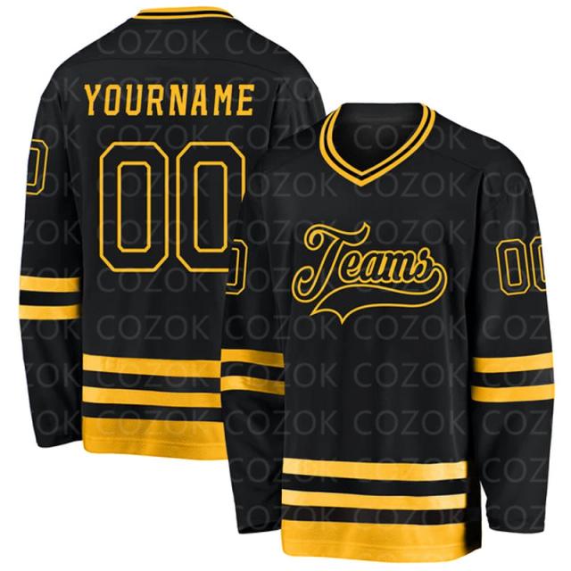 Jersey Personalizado de Hóquei em Gelo para Homens e Mulheres com Impressão 3D do Seu Nome e Número em Preto e Dourado