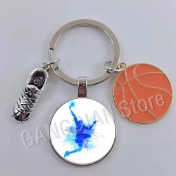 Moda jogar basquete foto chaveiro basquete equipe lembrança de vidro cabochão chaveiro esportes bola amante carro chaveiro - Image 4