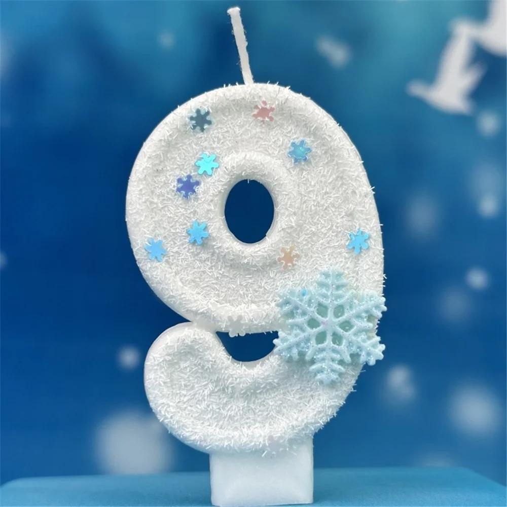Velas de aniversário do tema do floco de neve para bolo, velas número 1, branco, dígito 0-9, enfeite do bolo de vela com lantejoulas, Natal - Image 1