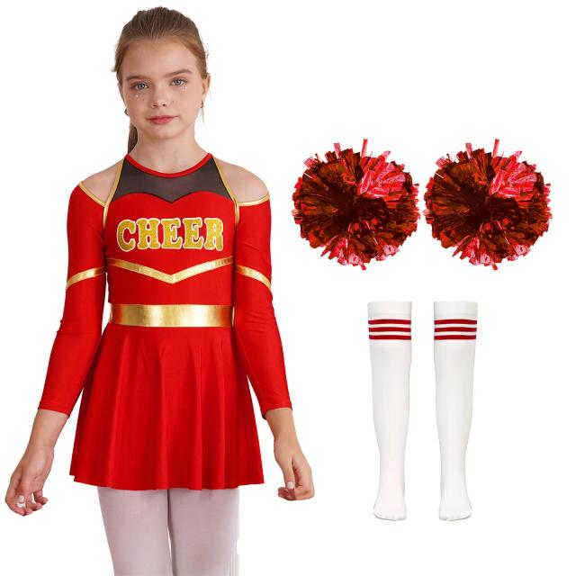 Uniforme Infantil de Torcida: Conjunto com Manga Comprida, Top e Saia, Meias Pompons para Festas de Carnaval e Halloween