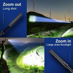 Poderoso acampamento ao ar livre e caça lanterna LED, zoom telescópico, recarregável, liga de alumínio, impermeável, tocha para autodefesa - Image 4