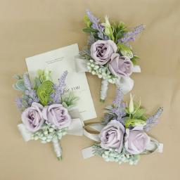 Boutonniere e pulso Corsage para convidados, flores simuladas, suprimentos do casamento, roxo, banquete suprimentos, noivo noiva, 368 - Image 2