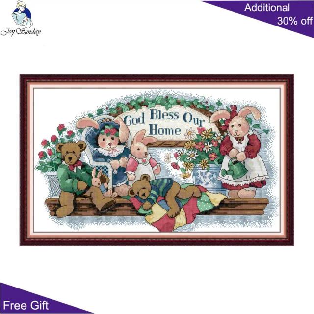 Kit de Bordado Ponto Cruz "Alegria Domingo": Tela Impressa com Decoração de Coelho e Urso para Abençoar sua Casa - DA866