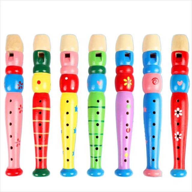 Flauta Curta Colorida de Madeira para Crianças com 6 Furos - Instrumento Educacional de Desenhos Animados com 20cm