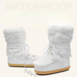 2024 botas de neve de inverno botas de esqui femininas fofo peludo rendas até plataforma de panturrilha média plana com botas de esqui brancas - Image 3