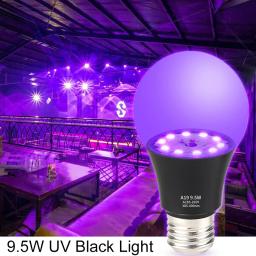 E26 9.5w uv roxo preto lâmpada brilho na festa escura decoração de halloween lâmpada fluorescente 395nm festa roxo luz - Image 1