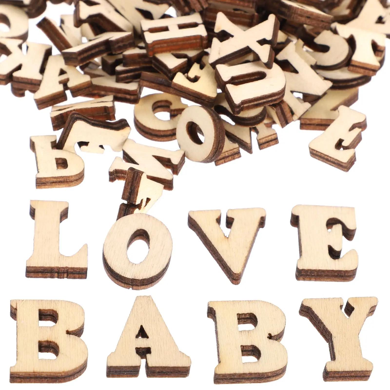 100 pçs fatia de madeira letras alfabeto artesanato cortar decoração de parede natural natal pequenas crianças brinquedo amadeirado material decoração - Image 1