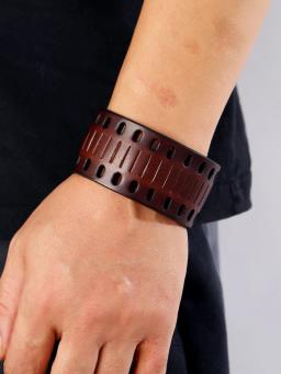 Bracelete retrô largo de couro genuíno masculino, estilo punk, simples vazado, com personalidade, bracelete masculino - Image 3