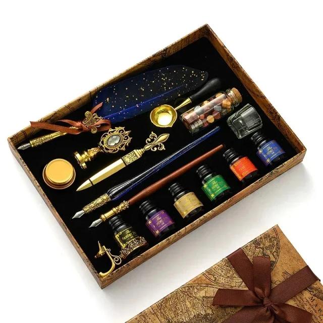 Caneta de Tinta com Estilo Europeu Antigo e Selo de Pintura de Fogo - Conjunto Elegante para Caligrafia e Assinaturas em Caixa de Presente