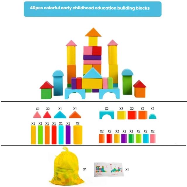 Blocos de Construção de Madeira Educativos Sensoriais 40 Peças