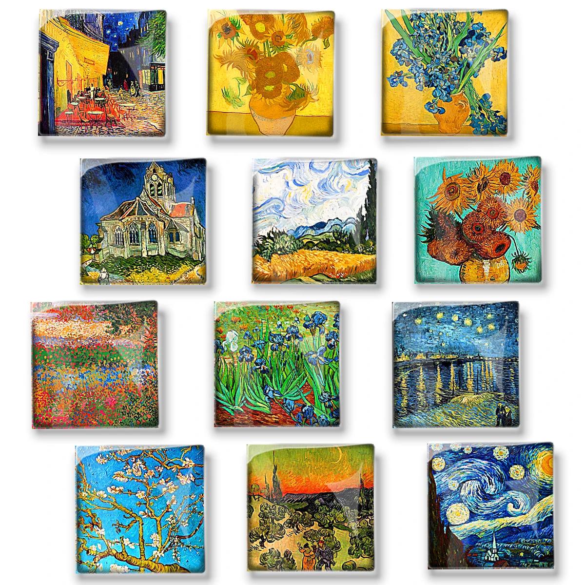 Van gogh pintura a óleo geladeira ímãs adesivos de vidro quadrado girassol estrelado noite arte geladeira ímã lembrança decoração da sua casa - Image 1