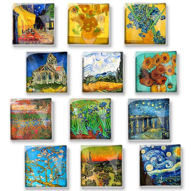 Imã de Geladeira Van Gogh - Pintura de Girassol na Noite Estrelada em Vidro Quadrado para Decorar sua Casa