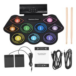 Rolo de mão bateria eletrônica, 9 almofadas, alto-falante estéreo embutido, baquetas pedal, presente de aniversário, prática pad kit - Image 6