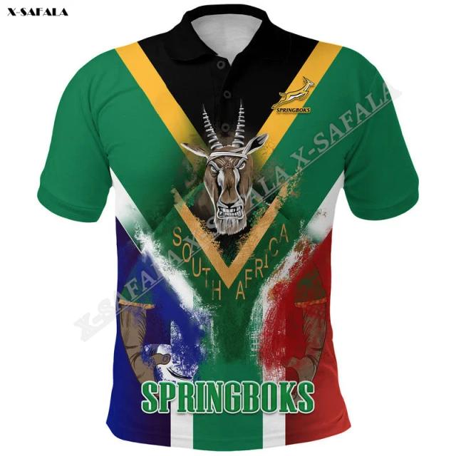 Camiseta Masculina de Rugby da África do Sul 2023 com Gola Impressa em 3D, Respirável e Manga Curta, Champions GO Bokke