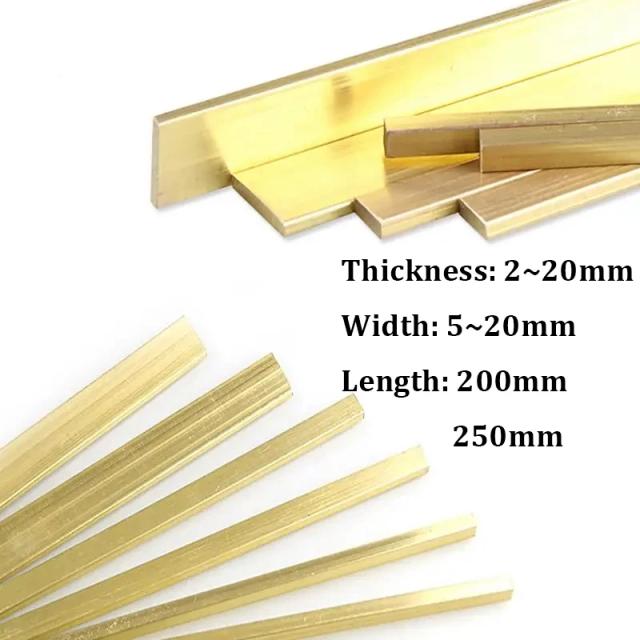 Placa de Latão H59 Flat Bar, Comprimentos de 250mm e 200mm, Espessuras Variadas de 20mm a 3mm, Metal Sólido em Cobre Puro