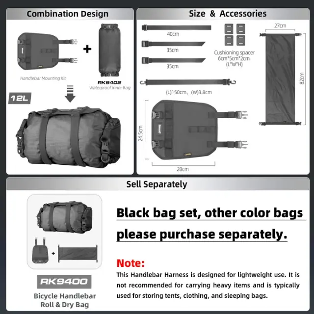 Bolsa Dianteira Rhinowalk 12L para Bicicleta com Kit de Montagem, à Prova d'Água e Bolsa Interna Substituível