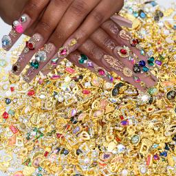 Luxo liga unhas encantos, decorações mistas, gemas cristal glitter, strass, ouro, prata, 50pcs - Image 1
