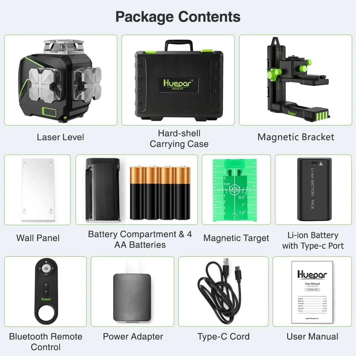 Huepar 3d display lcd cross line laser nível 12 linhas feixe verde bluetooth & funções de controle remoto s03cg com estojo rígido - Image 1