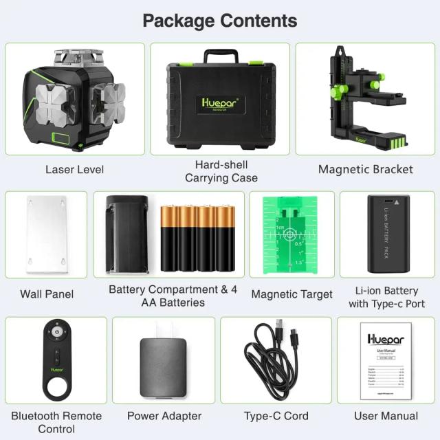 Nível a Laser Huepar S03CG: Display 3D LCD, 12 Linhas de Feixe Verde, Bluetooth e Controle Remoto com Estojo Rígido